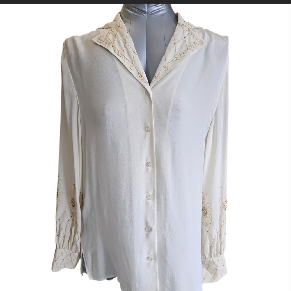Vintage 80s/90s Diane Von Furstenberg Cream Silk Blouse with Bishop Sleeves